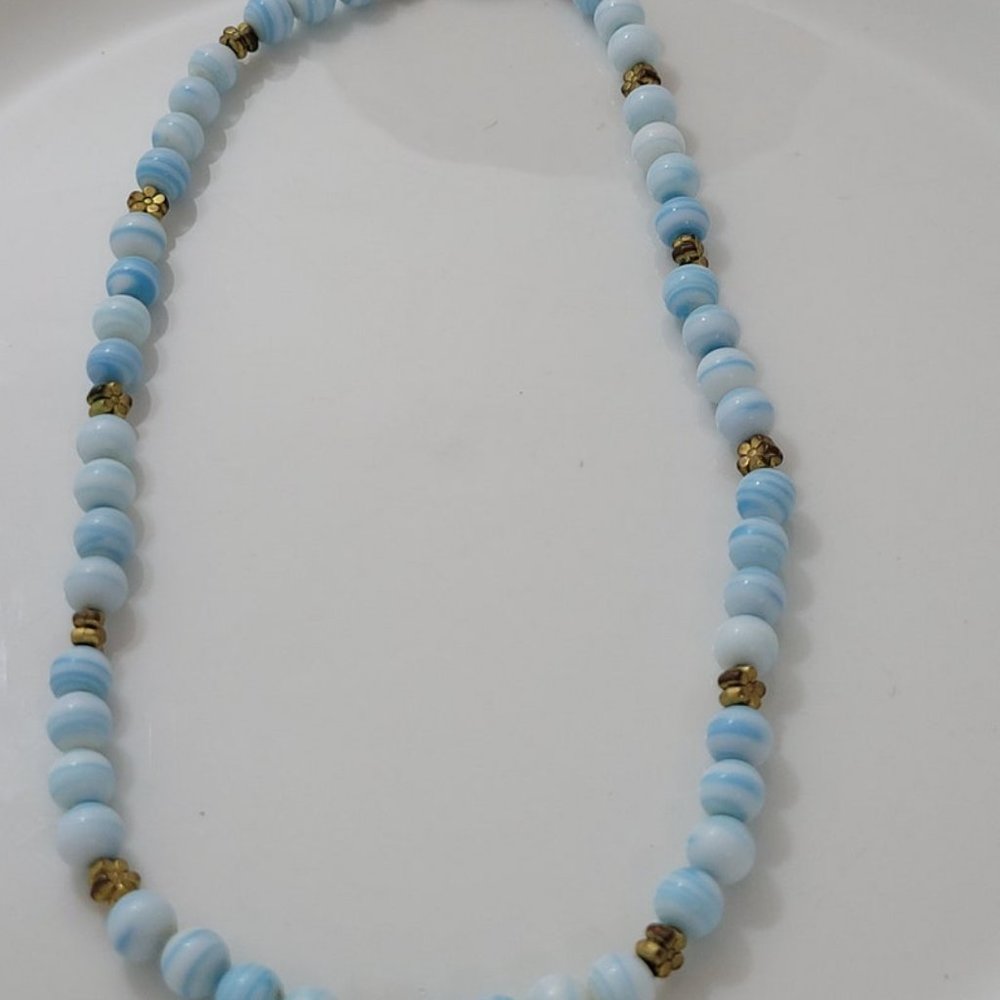 Antique Swirl Ski Blue Necklace Choker Glass Beads and is 15" long